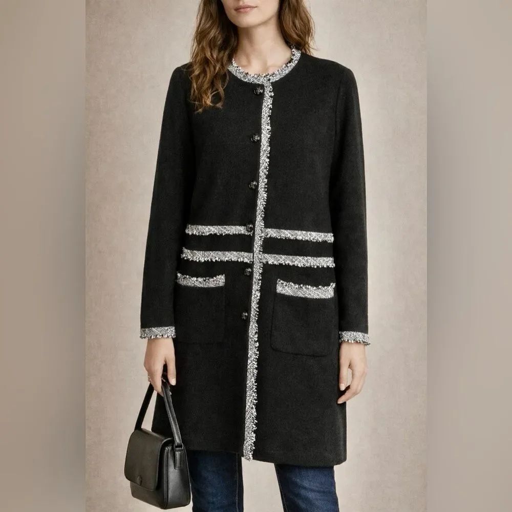 Karl Lagerfeld Paris Black Tweed Trim Long Coat Cardigan Jacket L